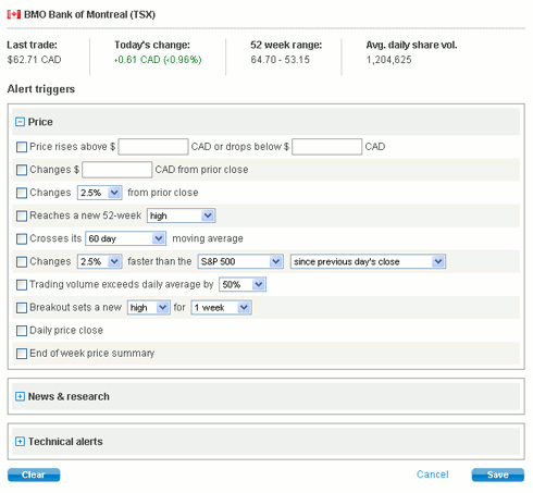 Photo of a screen capture of BMO InvestorLine's Alert service